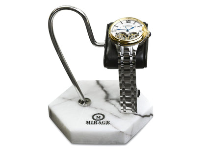 Mirage Luxury Travel Elite White Lilac Marble watch stand featuring a handcrafted genuine marble base, genuine black leather cushion, polished stainless steel support, and elegant display for luxury watches.