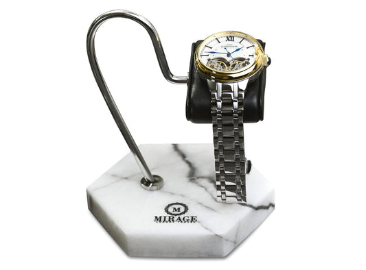 Mirage Luxury Travel Elite White Lilac Marble watch stand featuring a handcrafted genuine marble base, genuine black leather cushion, polished stainless steel support, and elegant display for luxury watches.