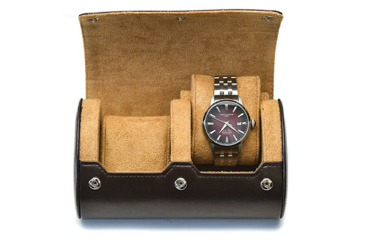 Espresso Brown vegan leather 2 watch roll with plush suede interior for luxury watch storage and travel.