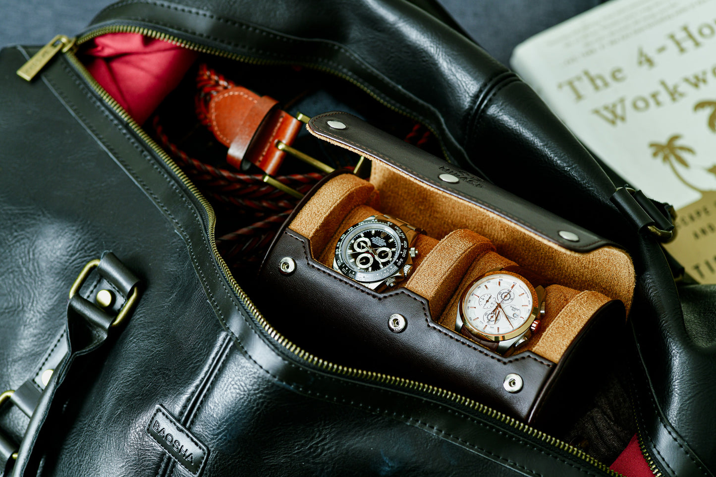 Espresso Brown vegan leather 2 watch roll securely stored inside a travel bag for collectors on the go.