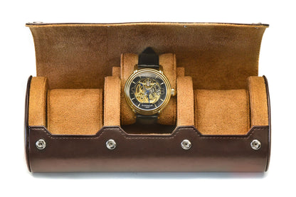 Espresso Brown premium vegan leather 3 watch roll with suede interior luxury watch travel case for Rolex Omega Tudor Seiko collectors