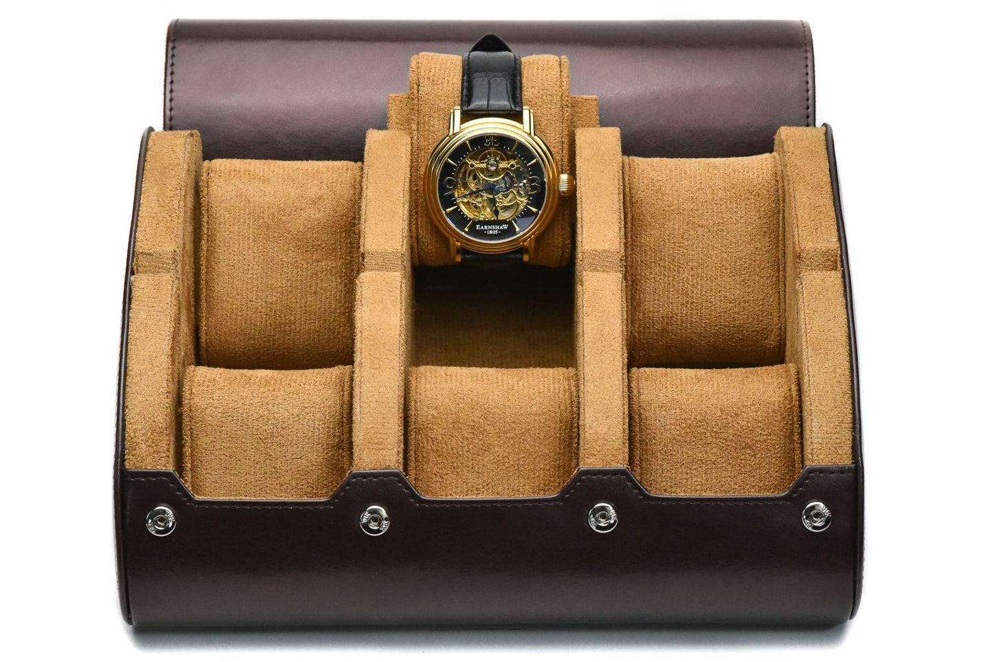 Espresso Brown premium vegan leather 6 watch roll with plush suede interior for Rolex Omega Tudor Seiko luxury watch storage
