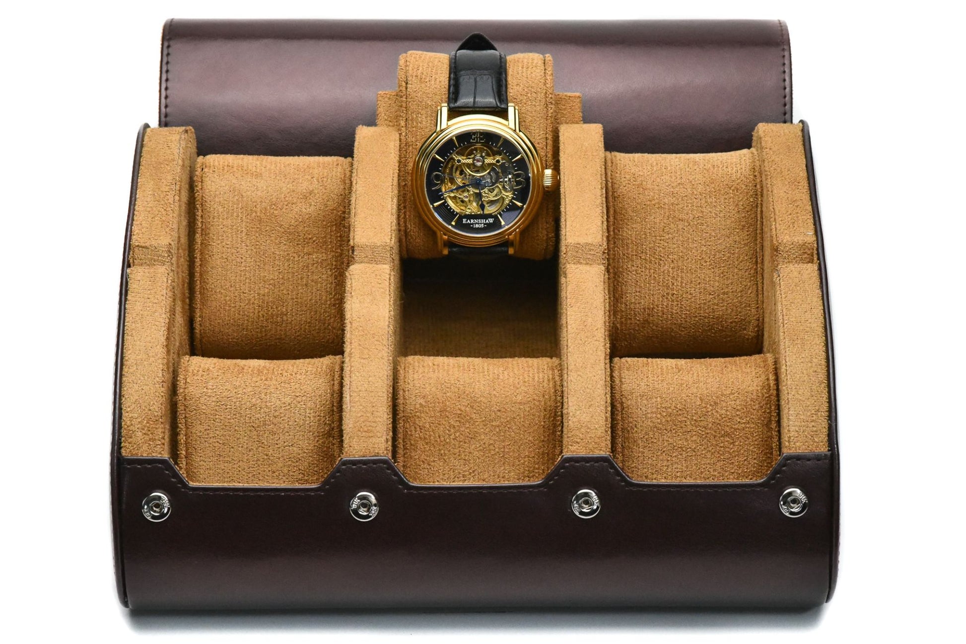 Espresso Brown premium vegan leather 6 watch roll with plush suede interior for Rolex Omega Tudor Seiko luxury watch storage
