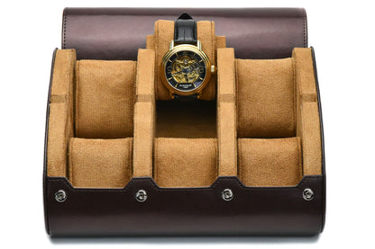 Espresso Brown premium vegan leather 6 watch roll with plush suede interior for Rolex Omega Tudor Seiko luxury watch storage