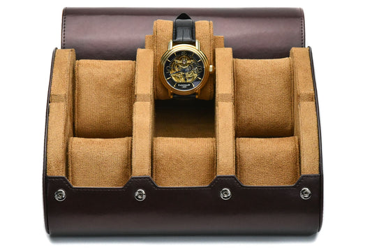 Espresso Brown premium vegan leather 6 watch roll with plush suede interior for Rolex Omega Tudor Seiko luxury watch storage