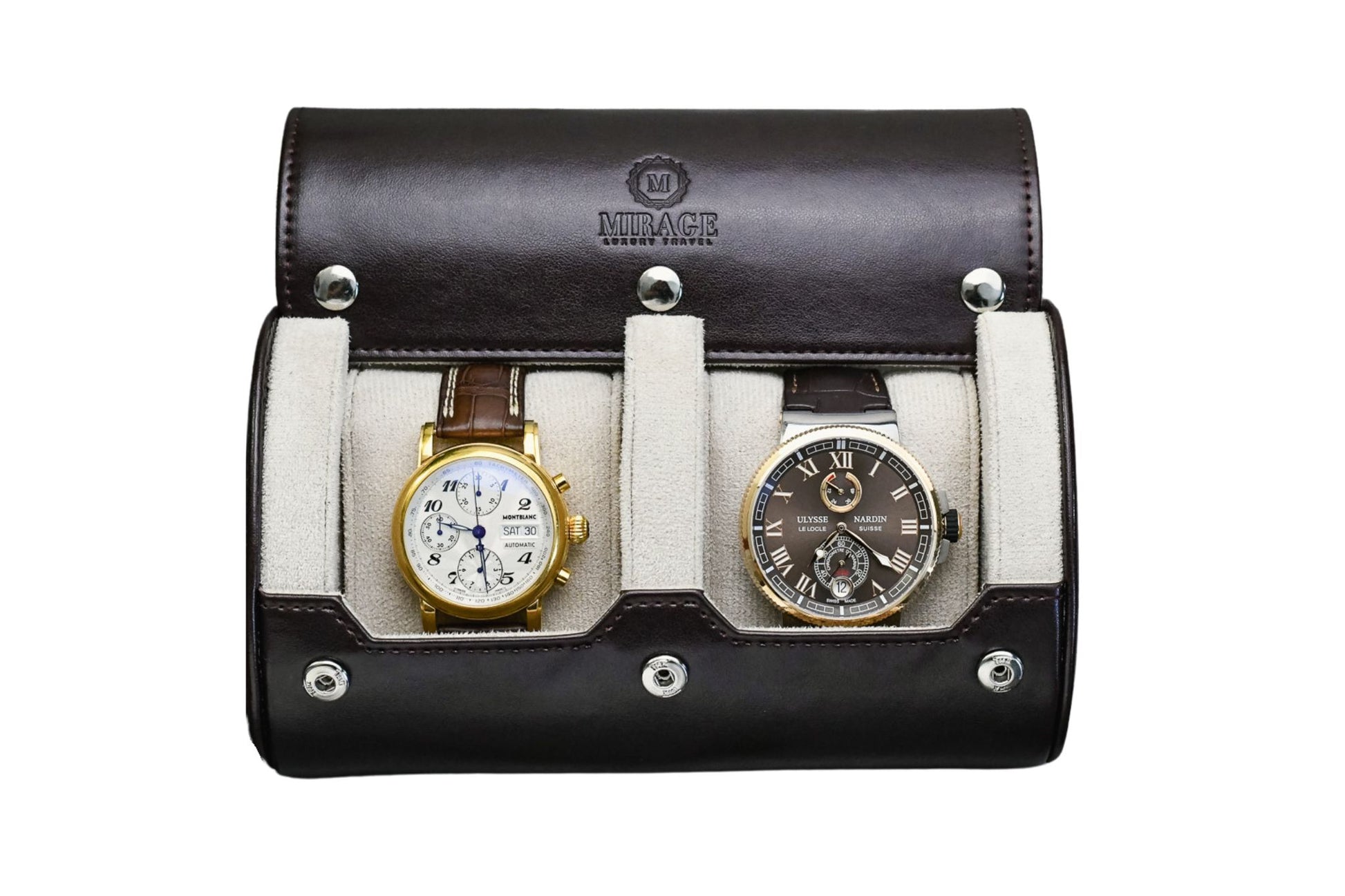 Espresso Brown vegan leather 2 watch roll with ivory white suede interior for Rolex, Omega, Tudor, Seiko, Cartier, and luxury watch travel.