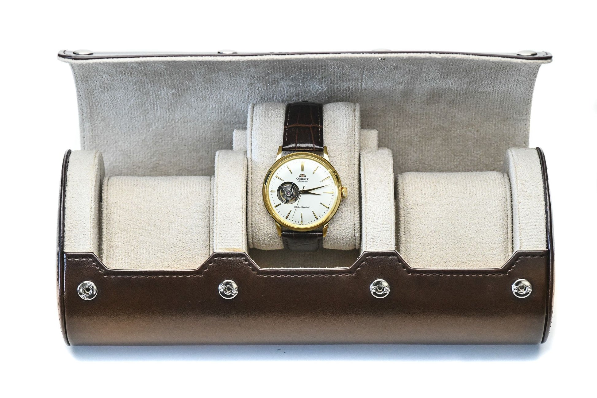 Espresso Brown premium vegan leather 3 watch roll with ivory white suede interior for Rolex Omega Tudor Seiko luxury watch storage
