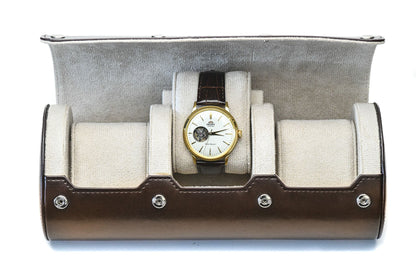 Espresso Brown premium vegan leather 3 watch roll with ivory white suede interior for Rolex Omega Tudor Seiko luxury watch storage