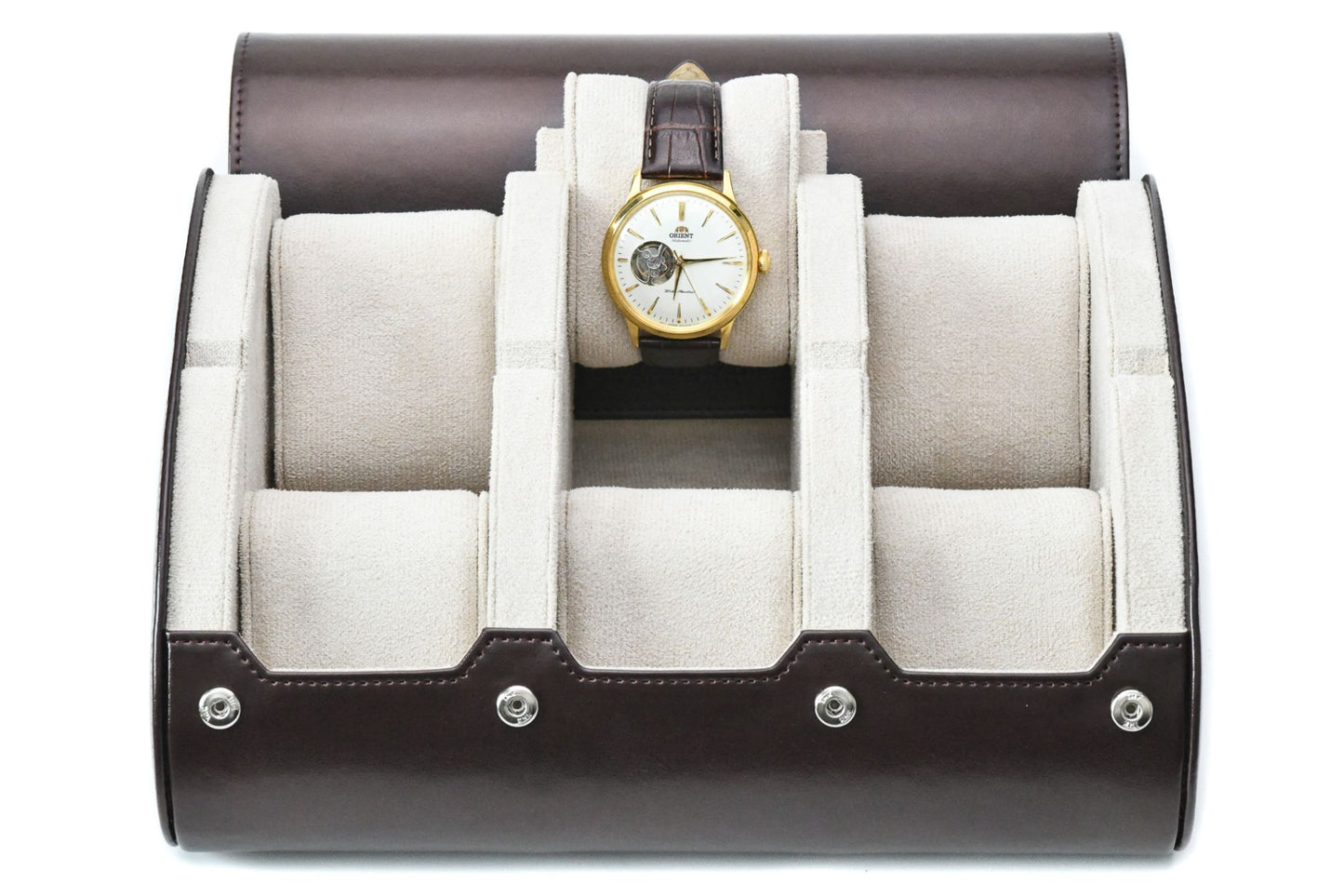 Espresso Brown premium vegan leather 6 watch roll with ivory white suede interior for Rolex Omega Tudor Seiko luxury watch storage