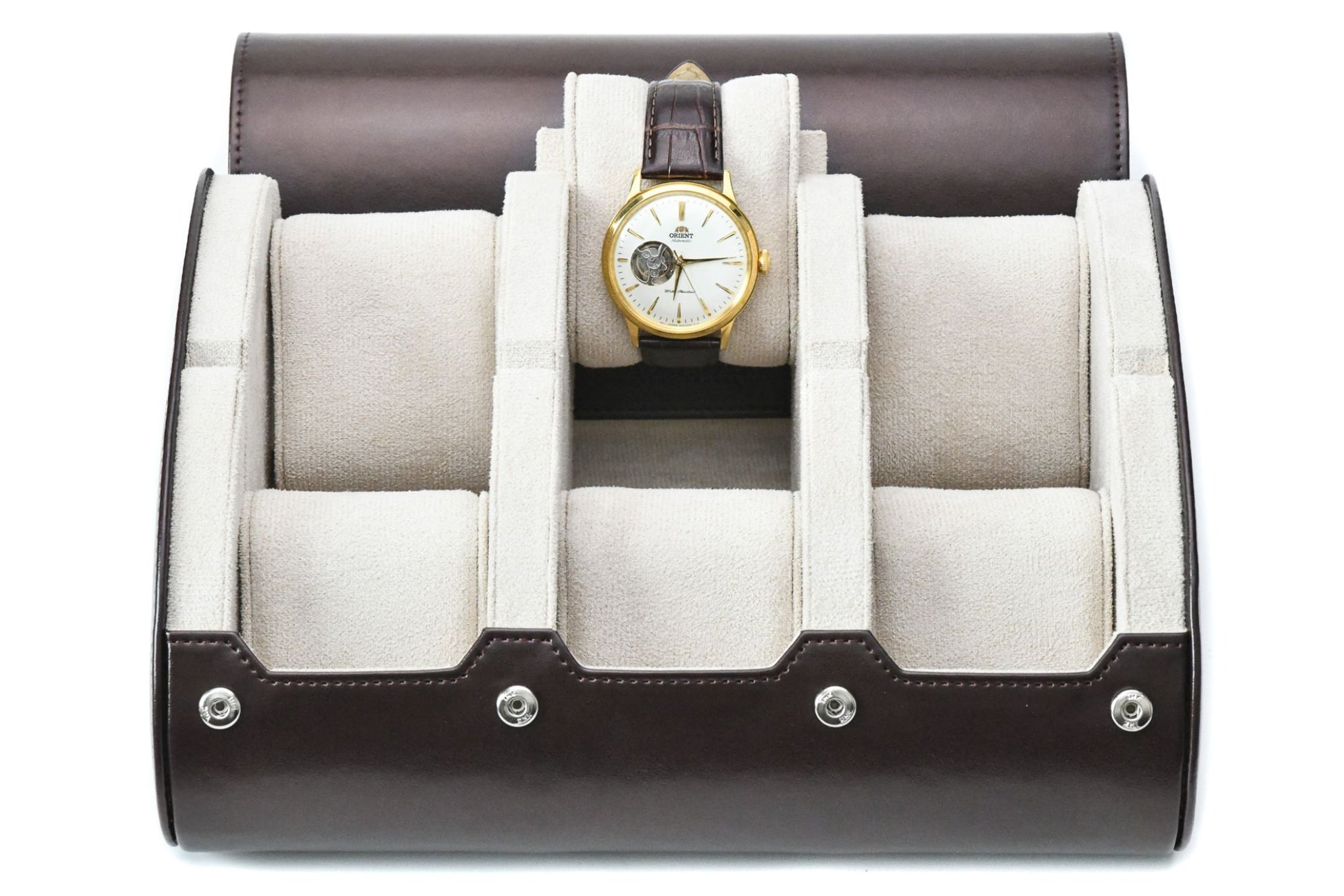 Espresso Brown premium vegan leather 6 watch roll with ivory white suede interior for Rolex Omega Tudor Seiko luxury watch storage