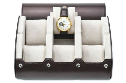 Espresso Brown premium vegan leather 6 watch roll with ivory white suede interior for Rolex Omega Tudor Seiko luxury watch storage
