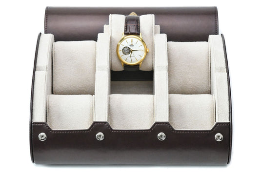 Espresso Brown premium vegan leather 6 watch roll with ivory white suede interior for Rolex Omega Tudor Seiko luxury watch storage