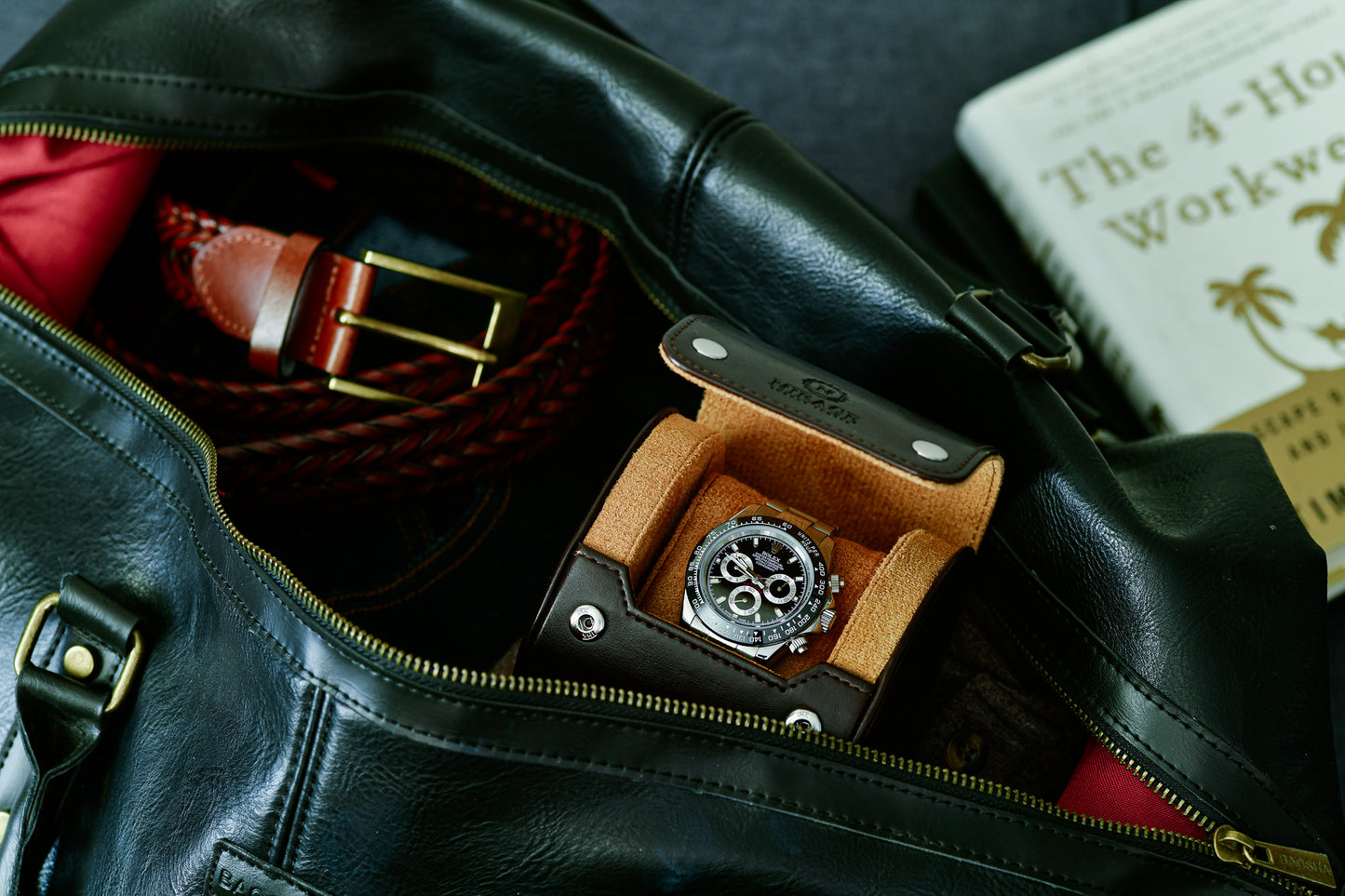 Mirage Luxury Travel Signature Collection Espresso Brown premium vegan leather 1-watch roll securely stored inside luggage, providing elegant travel protection for luxury watches.
