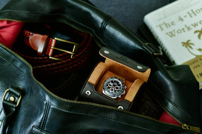 Mirage Luxury Travel Signature Collection Espresso Brown premium vegan leather 1-watch roll securely stored inside luggage, providing elegant travel protection for luxury watches.