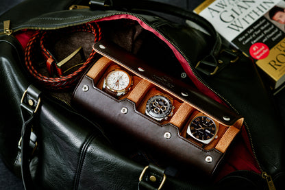 Luxury 3 watch travel case stored inside a travel bag featuring Espresso Brown vegan leather and premium watch protection