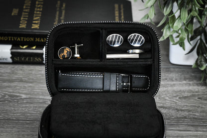 Obsedian Black genuine leather watch and jewelry travel case displayed open with luxury watches, highlighting elegant organization and premium protection.