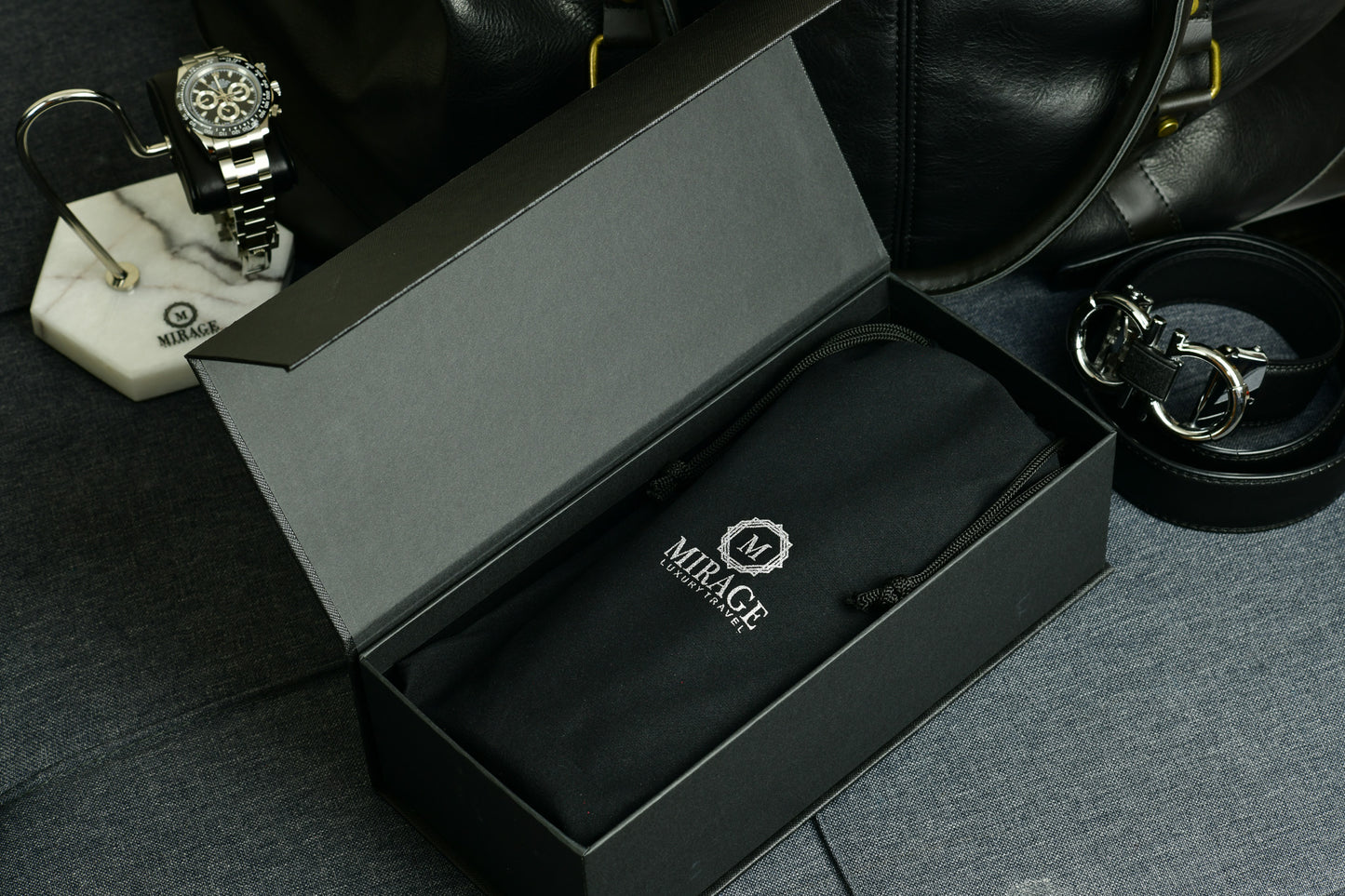 Luxury watch roll presented in Mirage Luxury Travel premium gift-ready packaging with velvet travel bag.