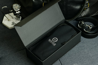 Luxury watch roll presented in Mirage Luxury Travel premium gift-ready packaging with velvet travel bag.