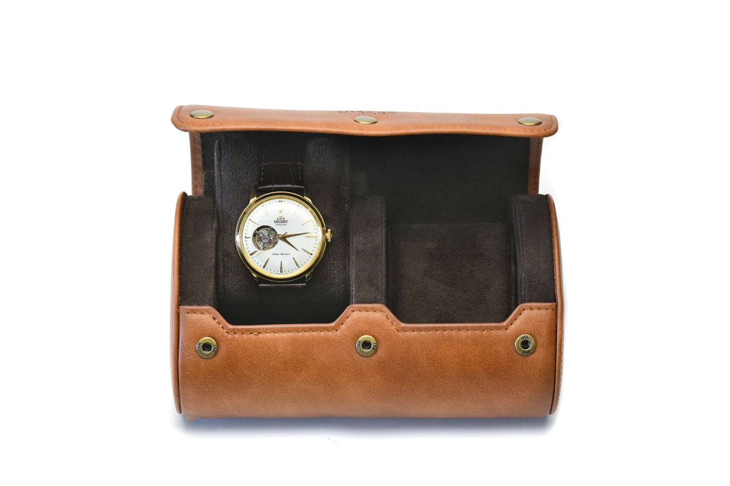 Tawny Brown full-grain cow leather 2 watch roll with plush suede interior designed for luxury watch storage and travel.