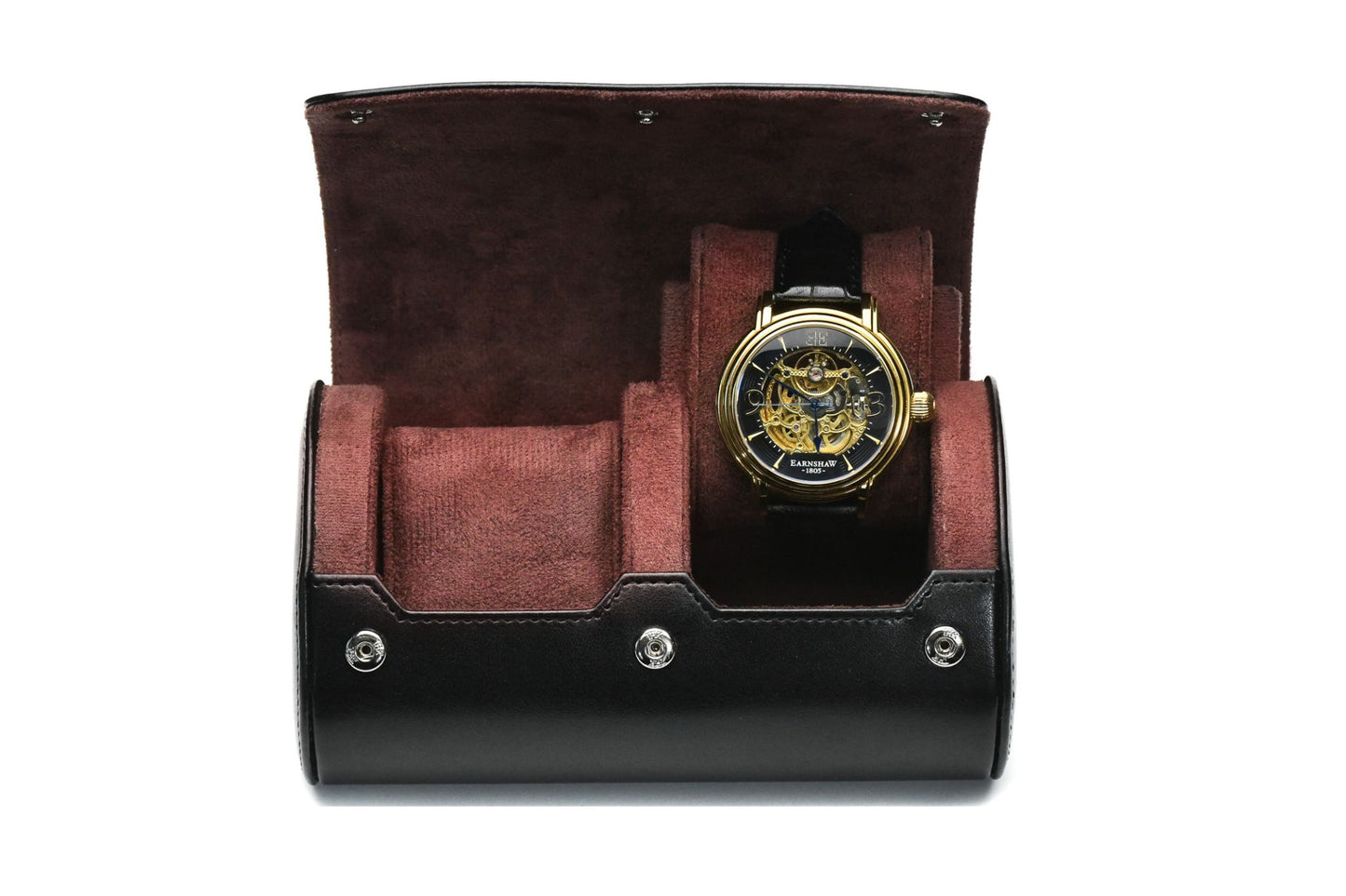 Jade Black vegan leather 2 watch roll with plush suede interior for Rolex, Omega, Tudor, Seiko, Cartier, and luxury watch travel.