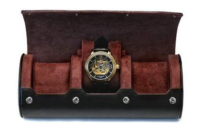 Jade Black premium vegan leather 3 watch roll with suede interior luxury travel case for Rolex Omega Tudor Seiko watches