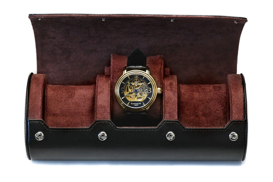 Jade Black premium vegan leather 3 watch roll with suede interior luxury travel case for Rolex Omega Tudor Seiko watches