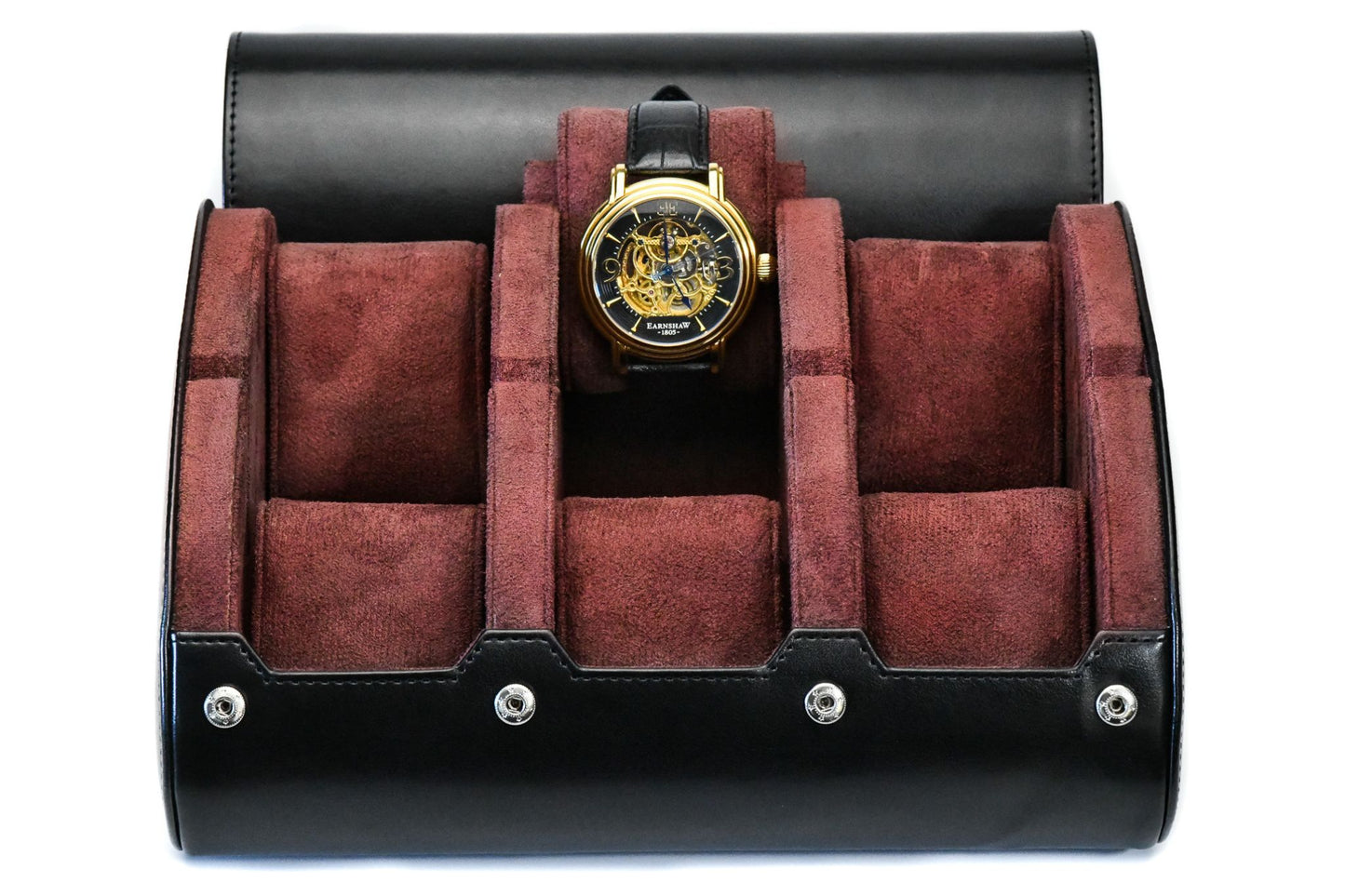 Jade Black premium vegan leather 6 watch roll with plush suede interior for Rolex Omega Tudor Seiko luxury watch storage