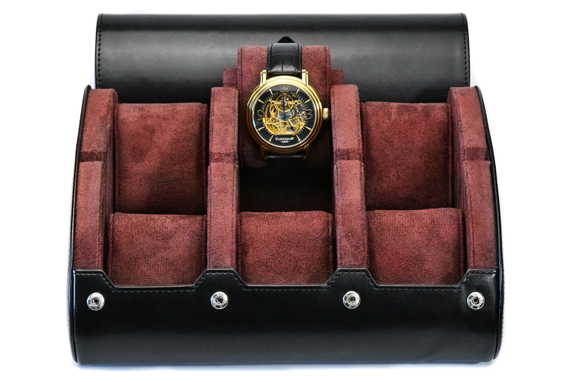 Jade Black premium vegan leather 6 watch roll with plush suede interior for Rolex Omega Tudor Seiko luxury watch storage