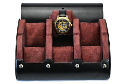Jade Black premium vegan leather 6 watch roll with plush suede interior for Rolex Omega Tudor Seiko luxury watch storage
