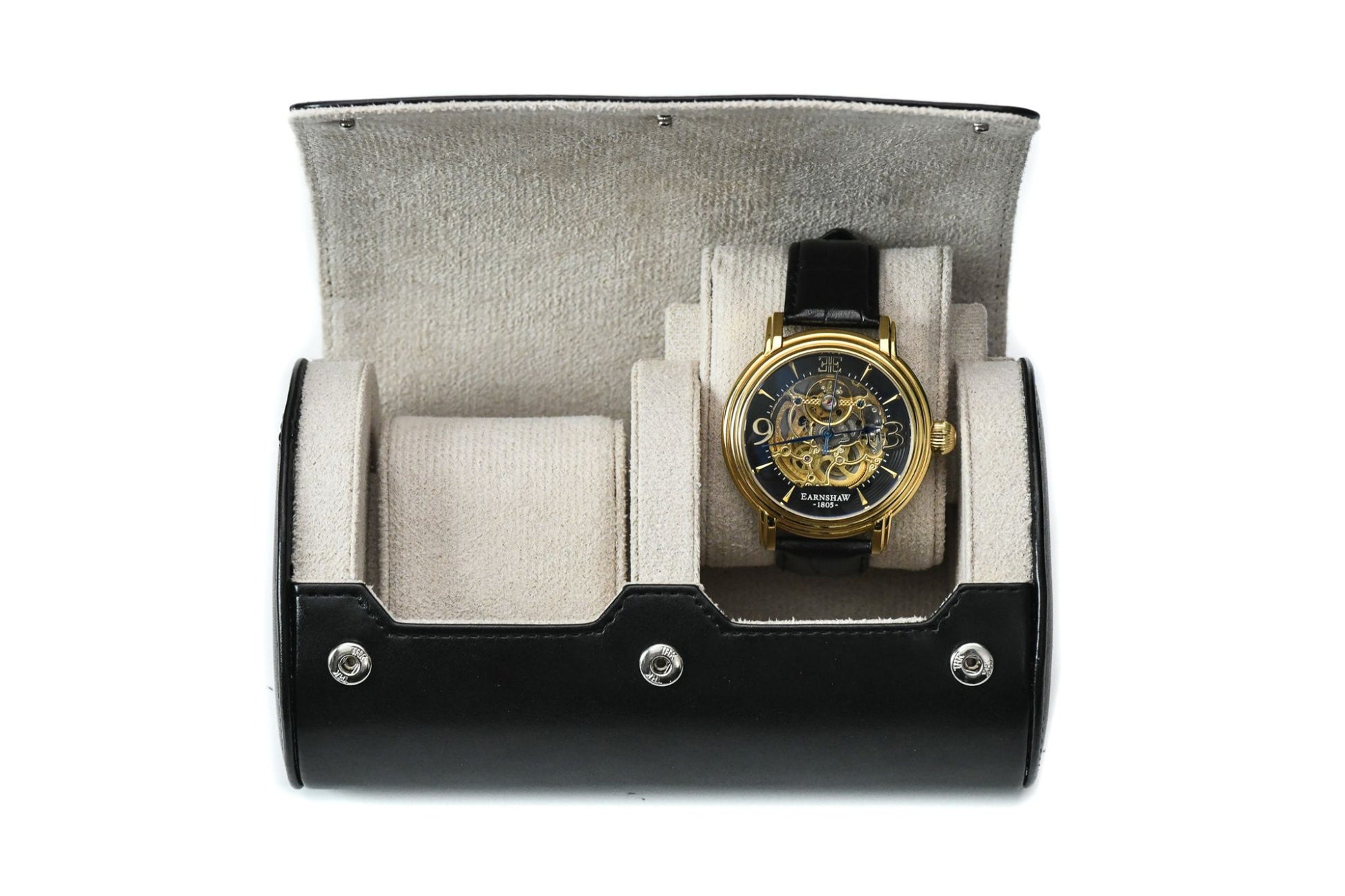 Jade Black vegan leather 2 watch roll with elegant ivory white suede interior for Rolex, Omega, Tudor, Seiko, Cartier, and luxury watch travel.