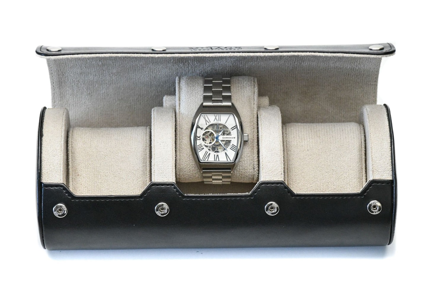 Jade Black premium vegan leather 3 watch roll with ivory white suede interior for Rolex Omega Tudor Seiko luxury watch storage