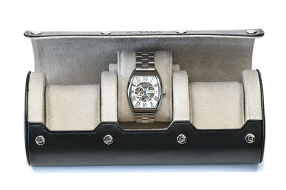 Jade Black premium vegan leather 3 watch roll with ivory white suede interior for Rolex Omega Tudor Seiko luxury watch storage