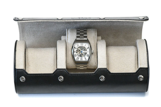 Jade Black premium vegan leather 3 watch roll with ivory white suede interior for Rolex Omega Tudor Seiko luxury watch storage