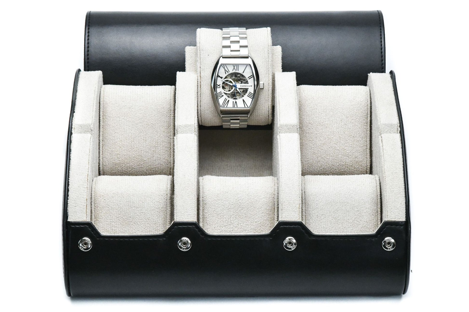 Jade Black premium vegan leather 6 watch roll with ivory white suede interior for Rolex Omega Tudor Seiko luxury watch storage