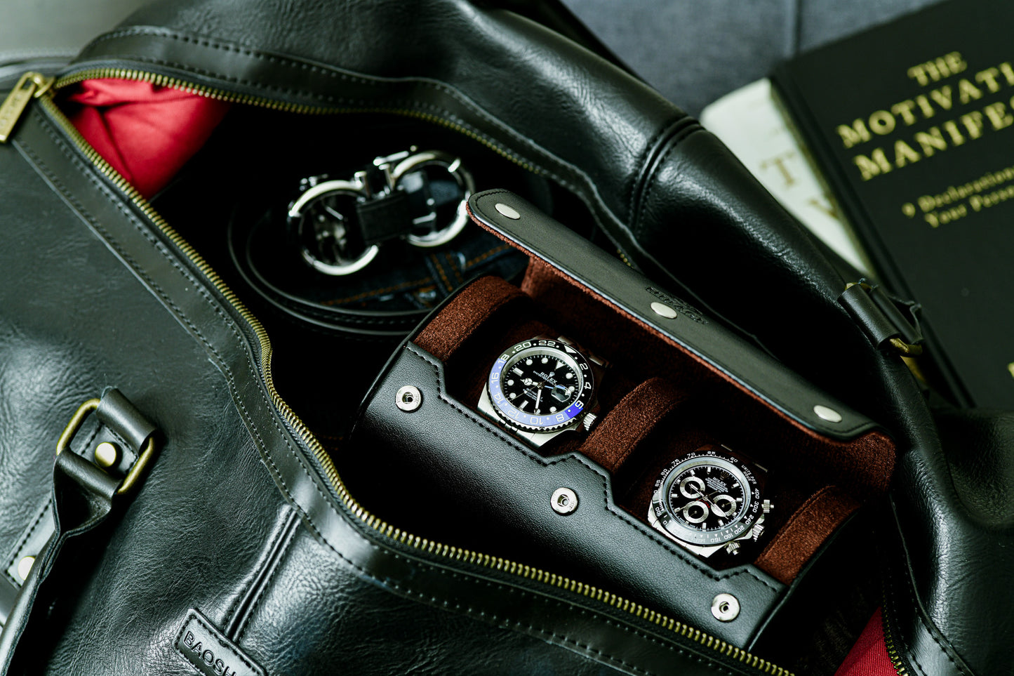 Jade Black vegan leather 2 watch travel case inside a leather duffel bag for business travel and luxury watch protection.
