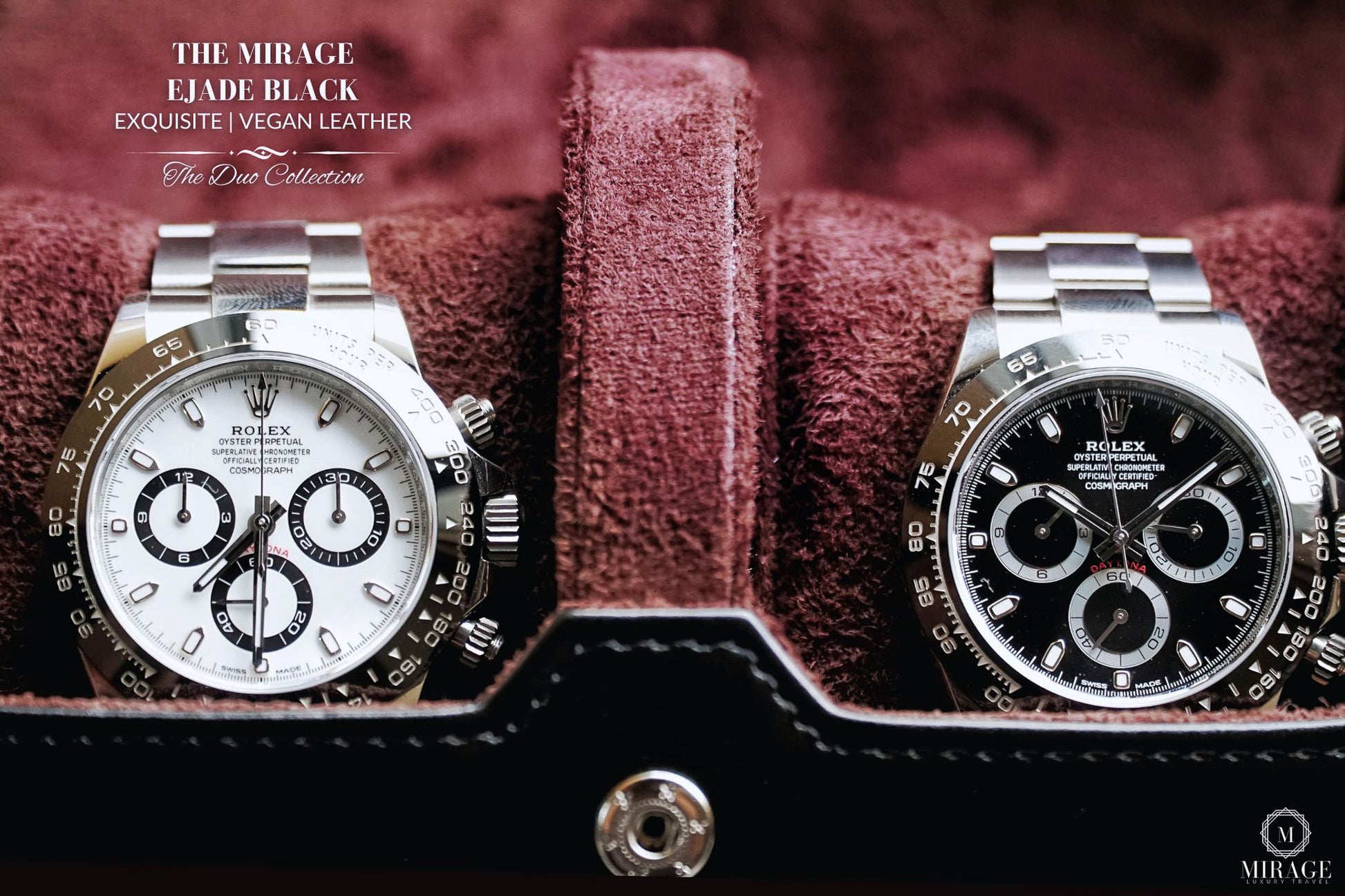 Close-up of luxury watches secured inside the Jade Black vegan leather 2 watch organizer with soft suede interior.