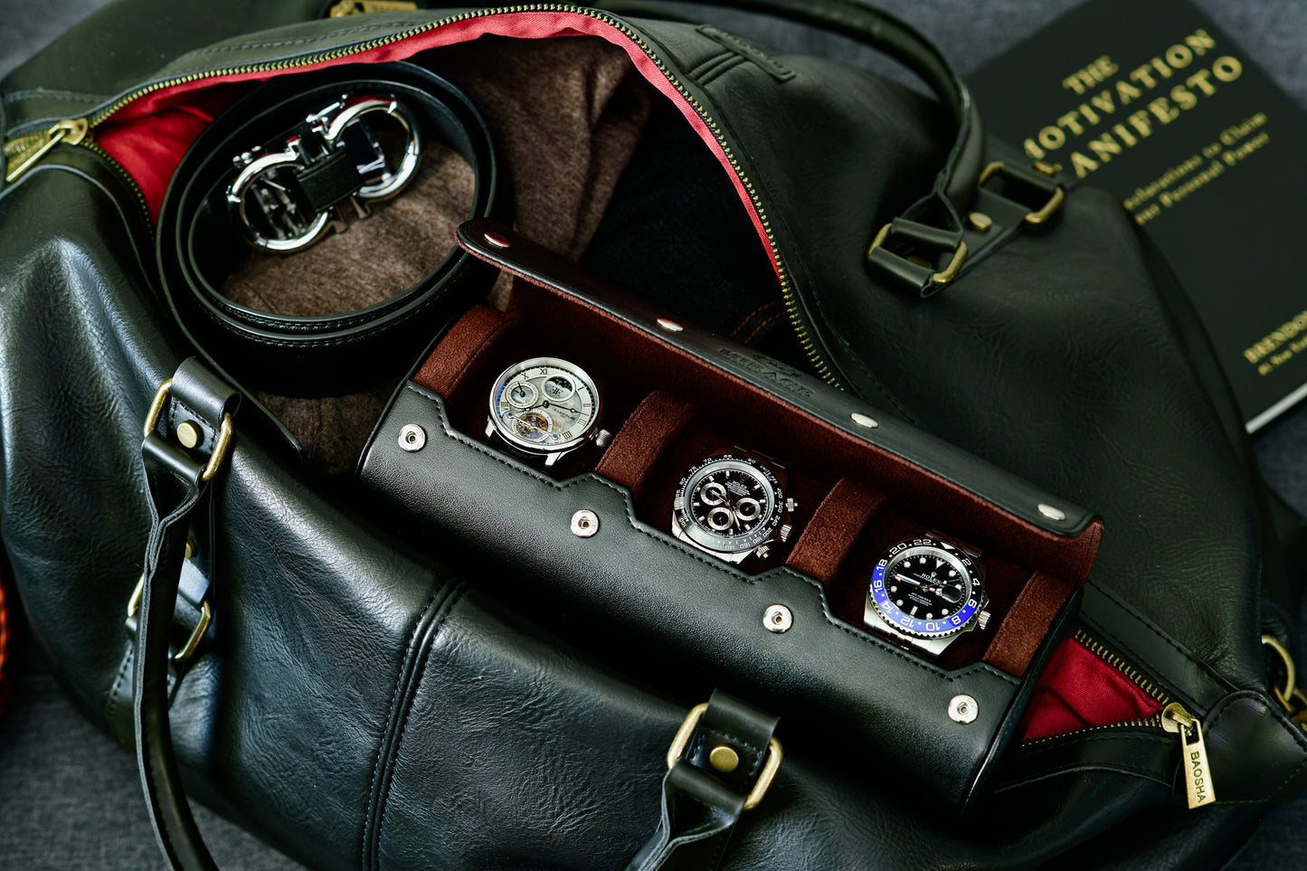 Jade Black luxury 3 watch travel roll stored inside luggage for secure watch transportation and protection