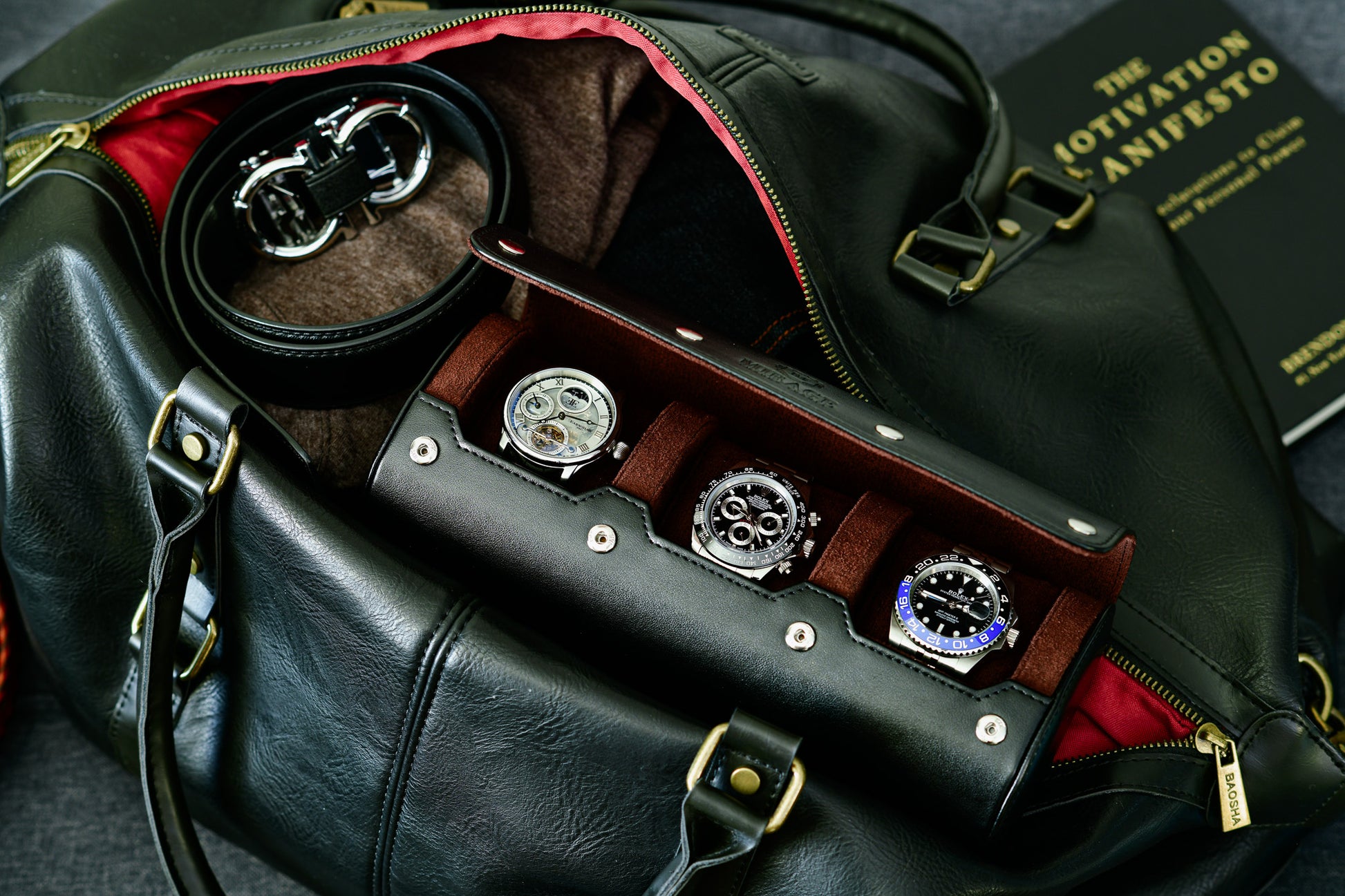 Jade Black luxury 3 watch travel roll stored inside luggage for secure watch transportation and protection