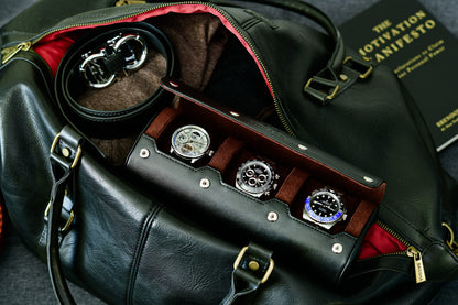 Jade Black luxury 3 watch travel roll stored inside luggage for secure watch transportation and protection