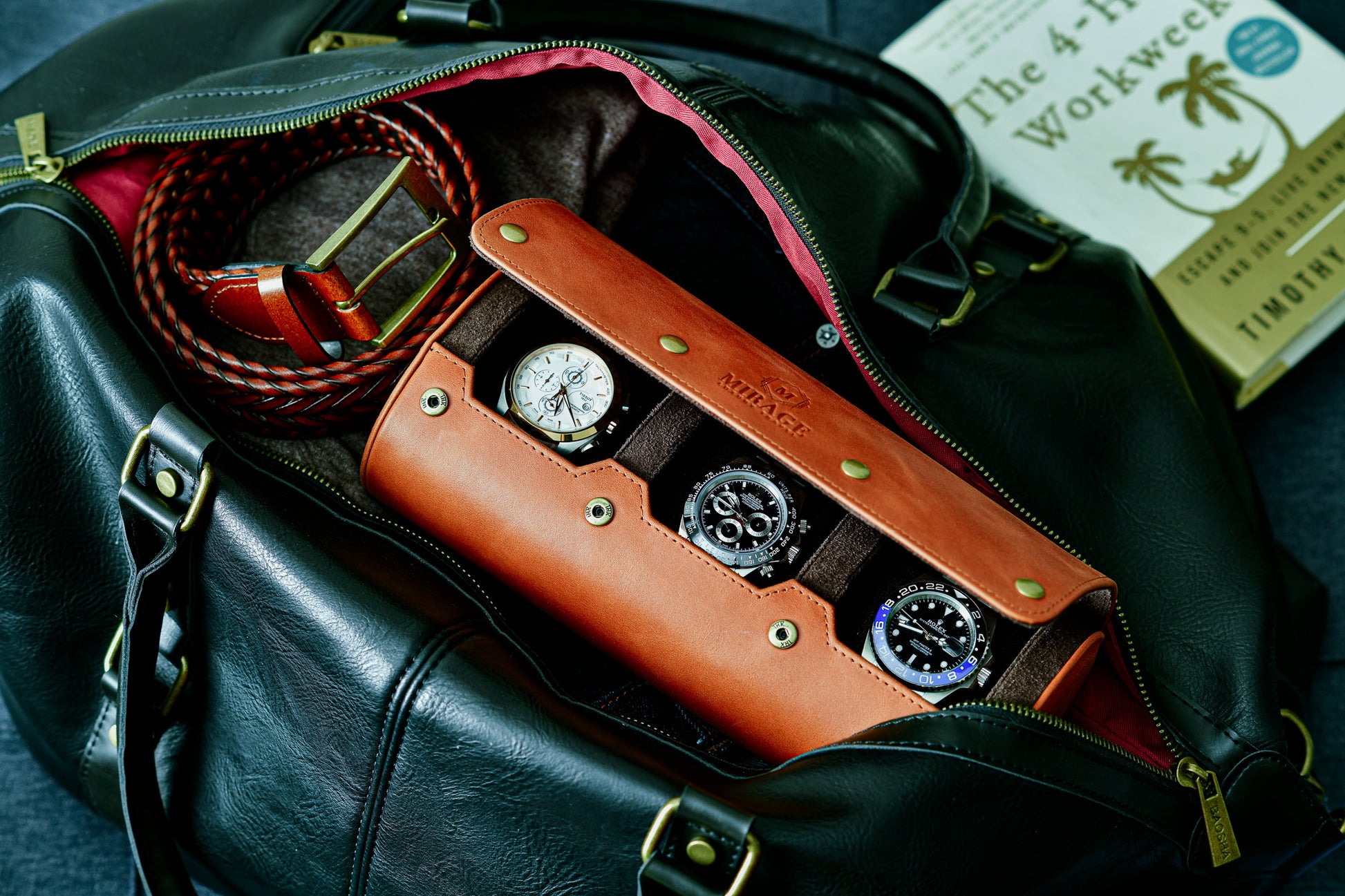 Tawny Brown full-grain leather 3 watch roll displaying three luxury watches for elegant home storage and display.