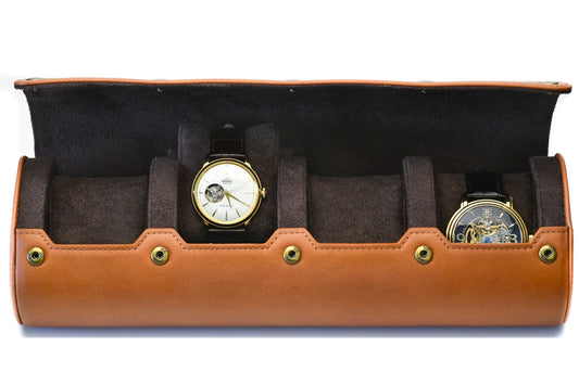 Mirage Luxury Travel Tawny Brown full-grain leather 4 watch roll travel case protecting four luxury watches with a soft suede interior.