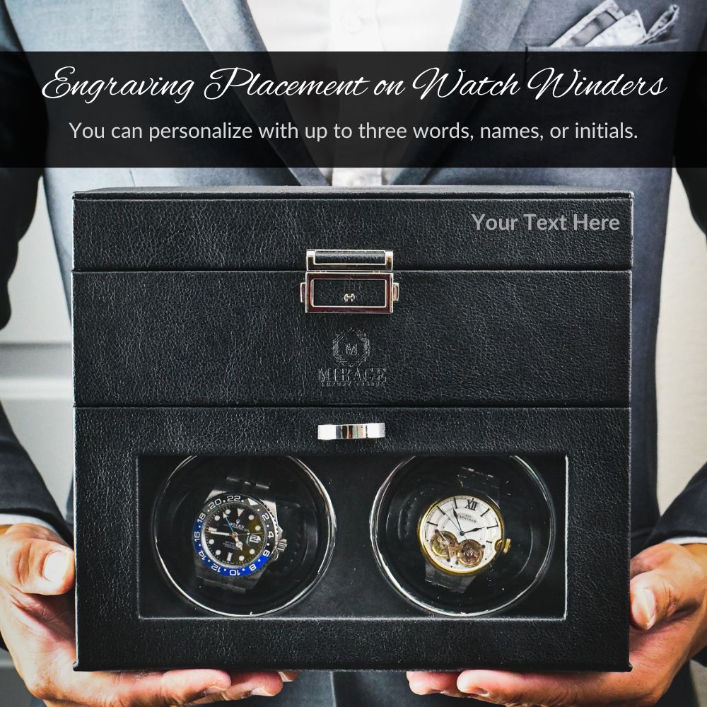 Ebony Black premium vegan leather luxury watch winder displayed with automatic watches, highlighting premium suede-lined interior and elegant craftsmanship.
