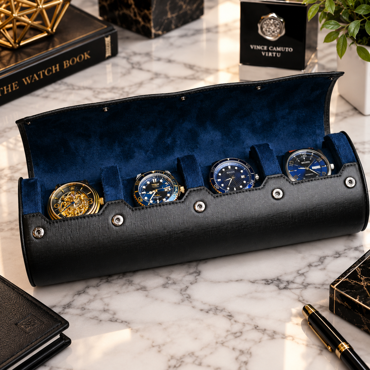 4-Watch Travel Case Saffiano Leather Watch Roll (Sable Black)