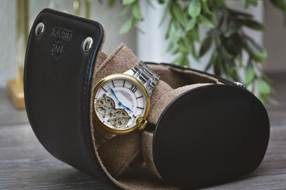 Sable Black full-grain cow leather 1 watch roll displayed open with a luxury watch, highlighting premium watch storage and travel protection.