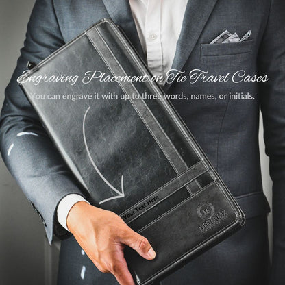 Professional carrying the Mirage Luxury Travel Graphite Black premium vegan leather tie travel case, designed for business travel and executive organization.