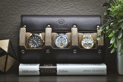 Mirage Luxury Travel sable black 3 watch roll displaying three luxury watches for elegant storage.
