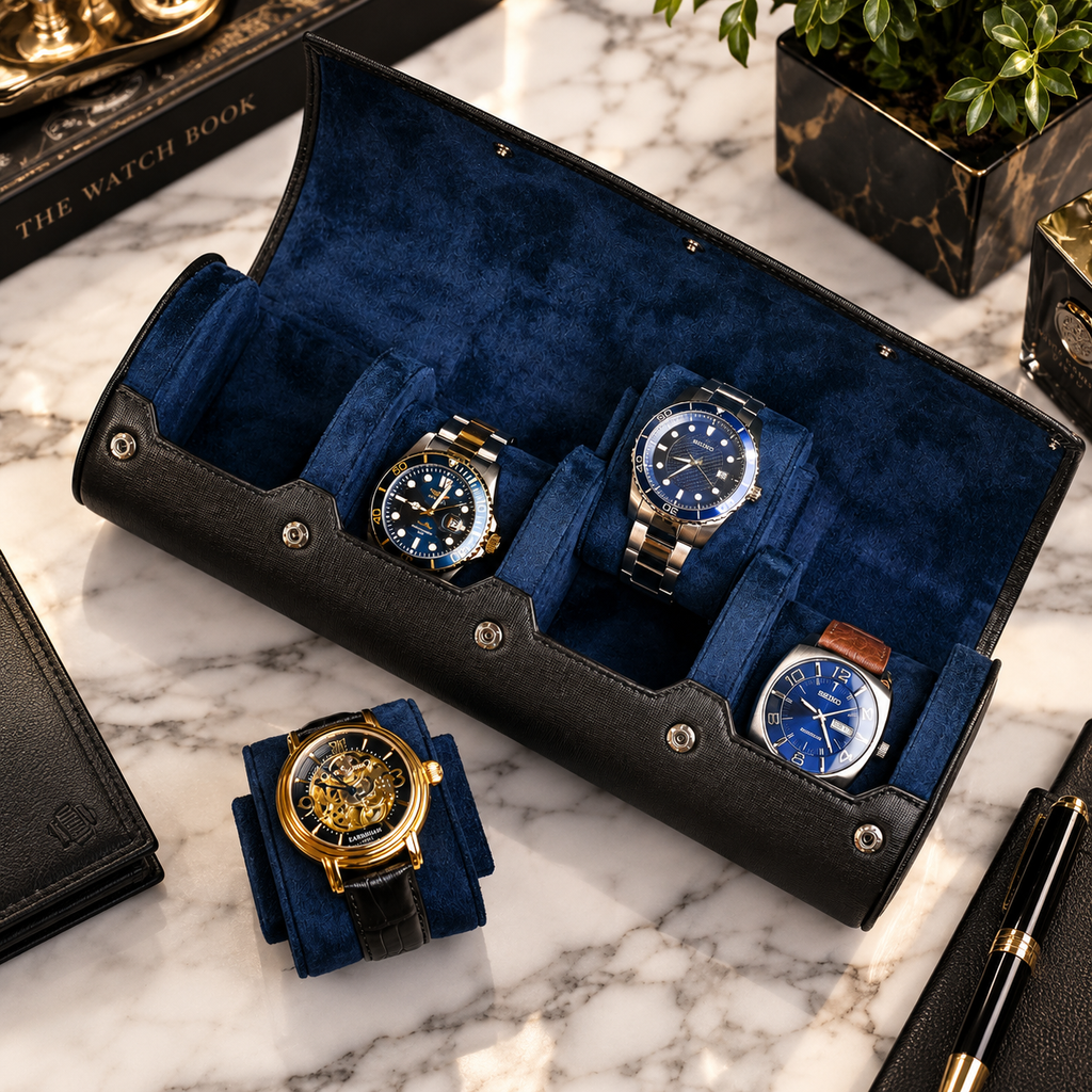 4-Watch Travel Case Saffiano Leather Watch Roll (Sable Black)