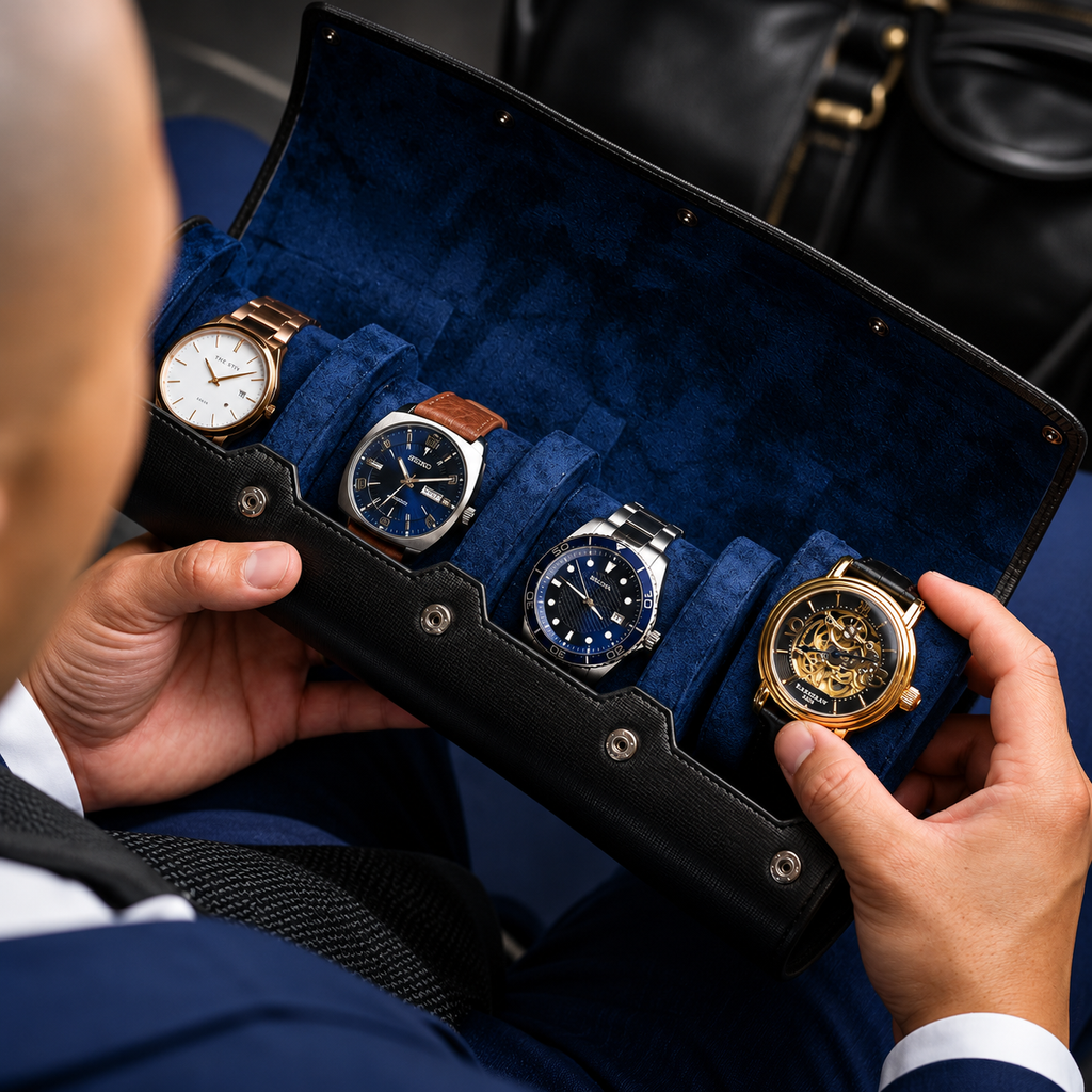 4-Watch Travel Case Saffiano Leather Watch Roll (Sable Black)