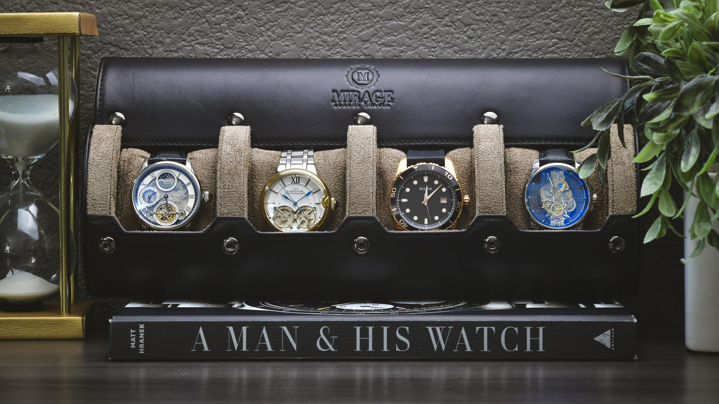 Sable black full-grain leather 4 watch roll displaying four luxury watches for home storage and display.