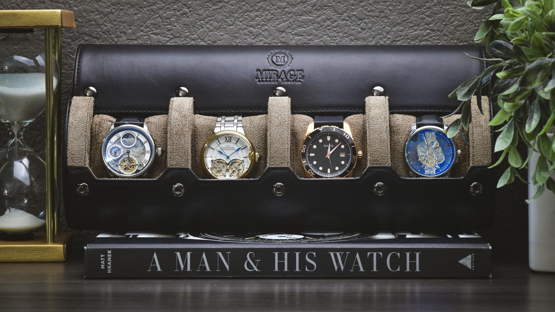 Sable black full-grain leather 4 watch roll displaying four luxury watches for home storage and display.